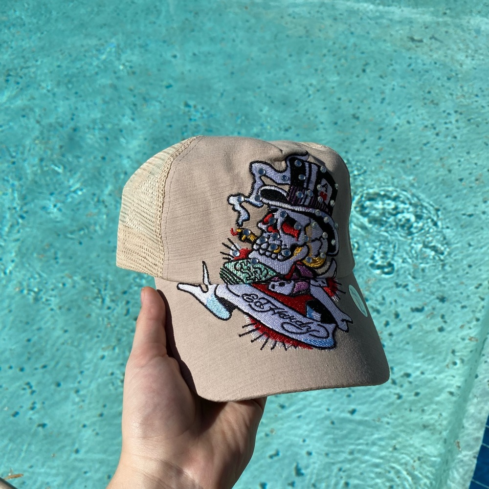 Ed Hardy Bedazzled Embroidered Skull Hat Cap Tan